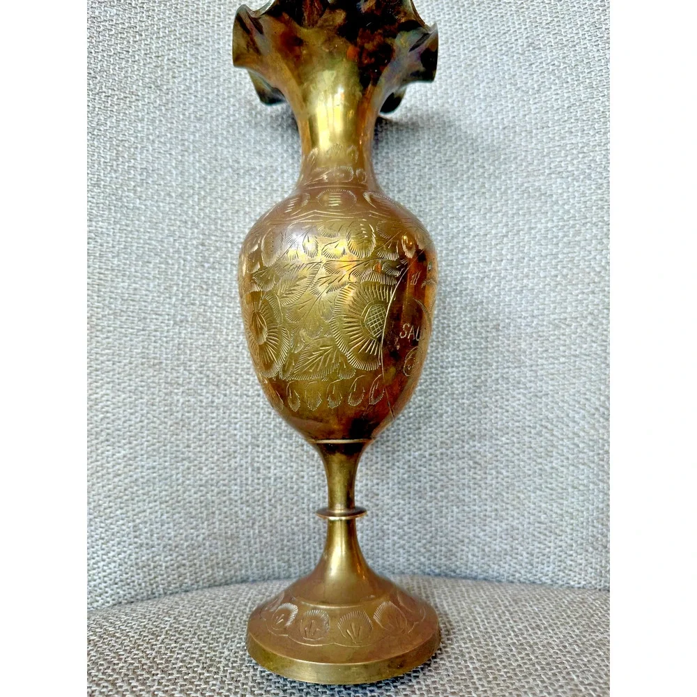 Vintage Saudi Arabia Brass Vase Hand Engraved Palm Tree Crossed Swords 12